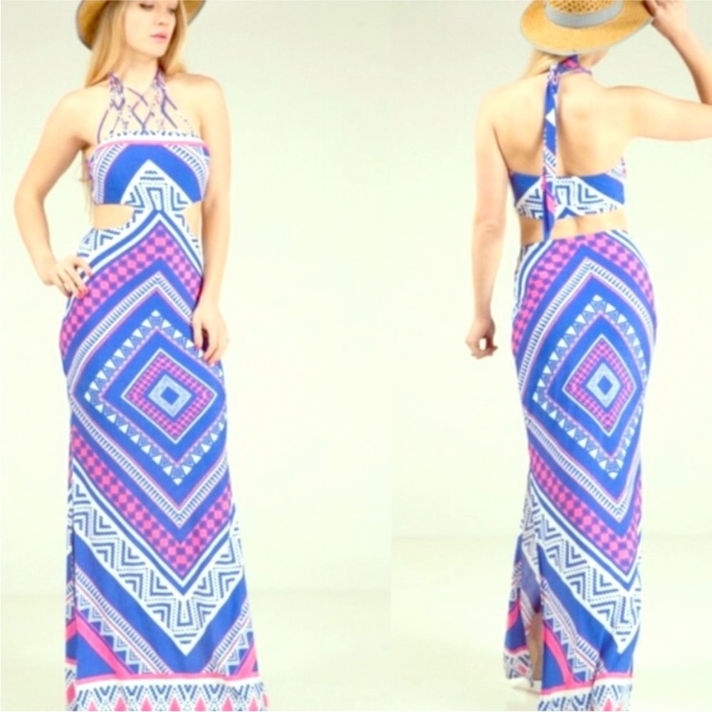 Maxi cut out boho dress Summer Vacation Aztec Pink Blue White